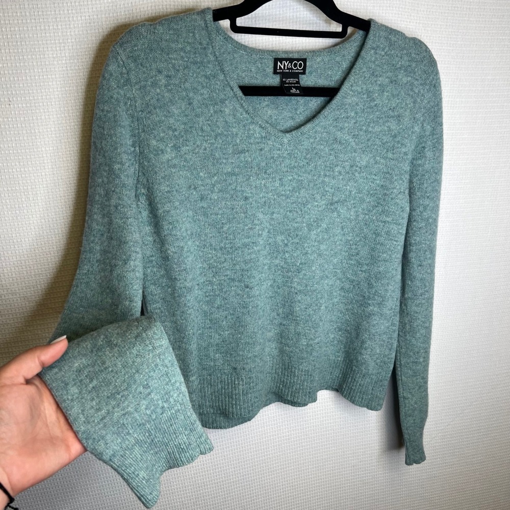 NY&CO Womens Sage Green Lambswool Blend V-Neck Pullover Sweater Large C233